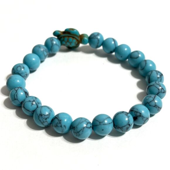 Sea Turtle Howlite Stone Beaded Stretch Bracelet Blue Simulated Turquoise Ocean - Picture 5 of 10